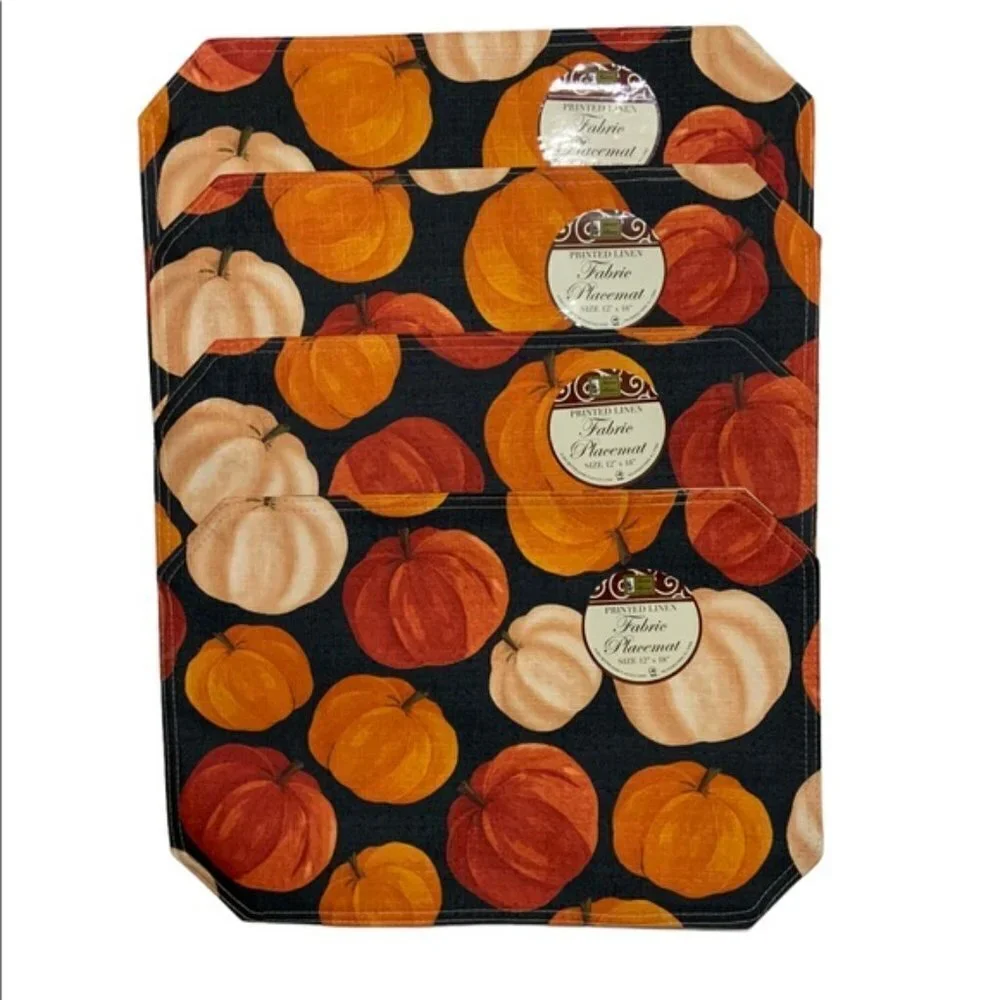 Pumpkin Linen Print Fabric Placemats Fall Autumn Halloween Seasons Set of 4